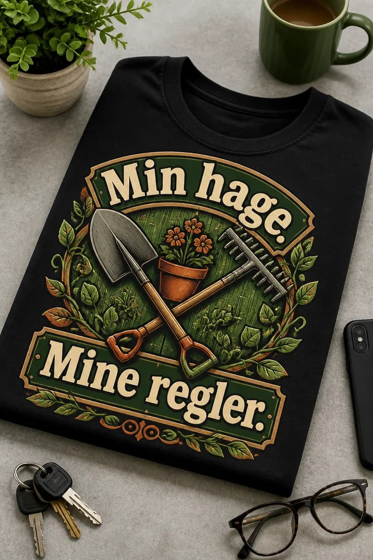 T-skjorte med «Min hage. Mine regler.»