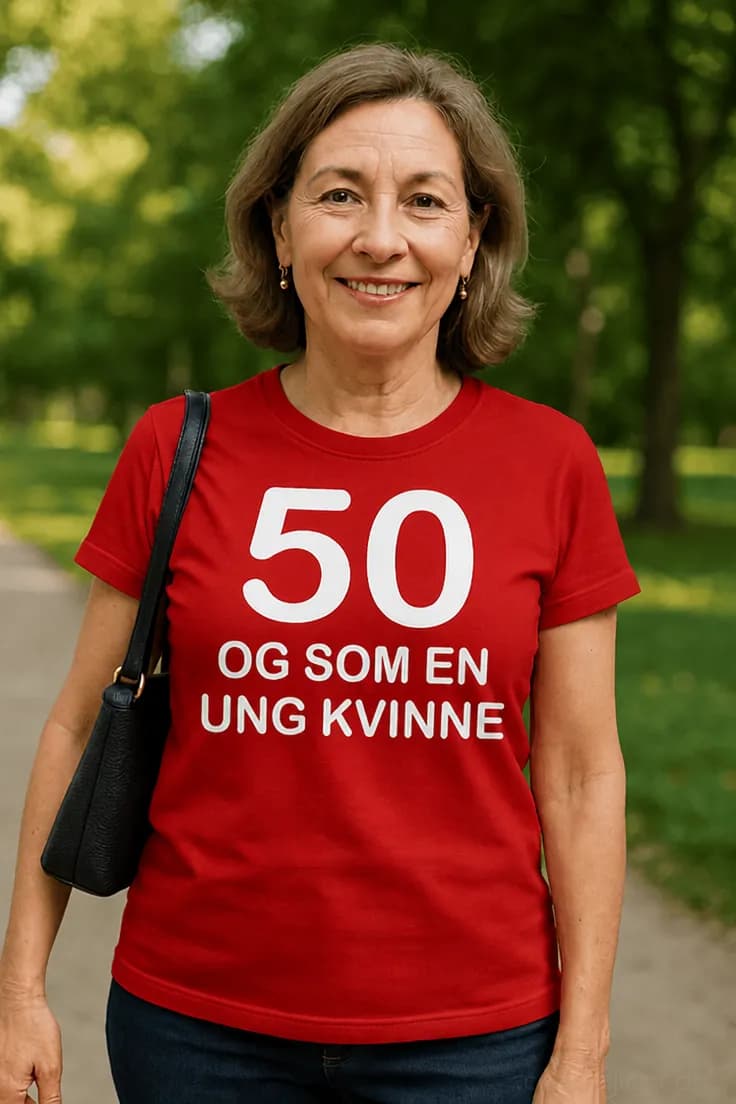 Morsom t-skjorte 50 og som ung kvinne