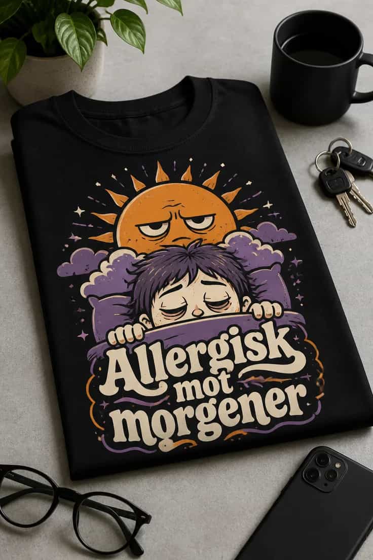 Morsom T-skjorte med «Allergisk mot morgener»