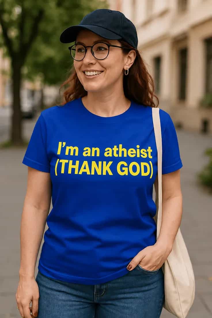 Morsom t-skjorte Ateist takk Gud – I'm an atheist