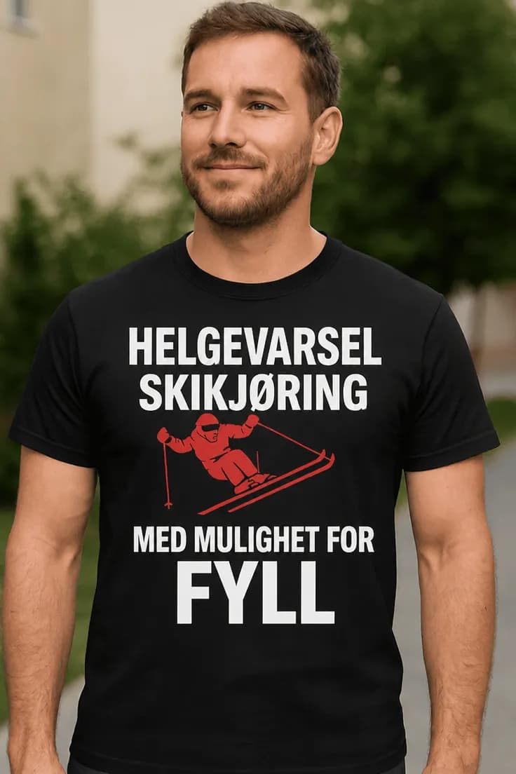 Morsom t-skjorte Helgevarsel skikjøring og fyll