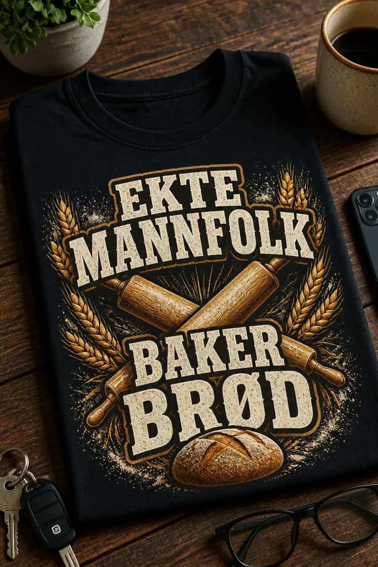 Morsom t-skjorte til herre – Ekte mannfolk baker brød