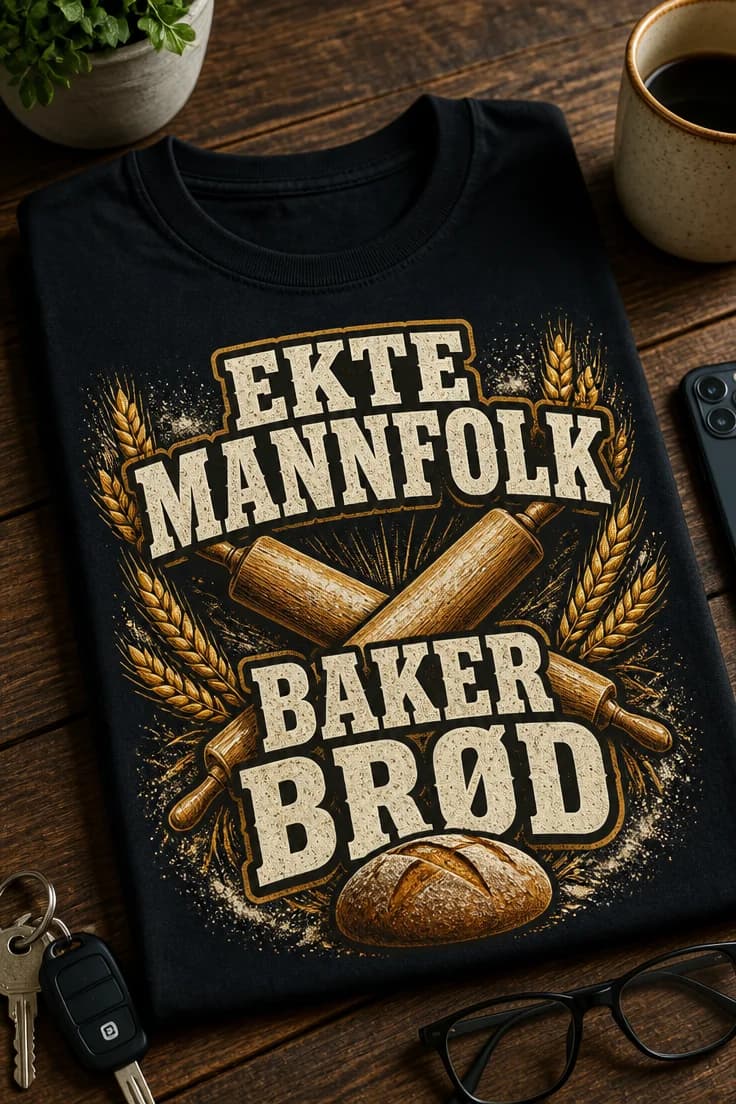 Morsom t-skjorte til herre – Ekte mannfolk baker brød