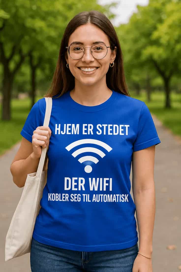 Morsom t-skjorte Hjem er der wifi kobles