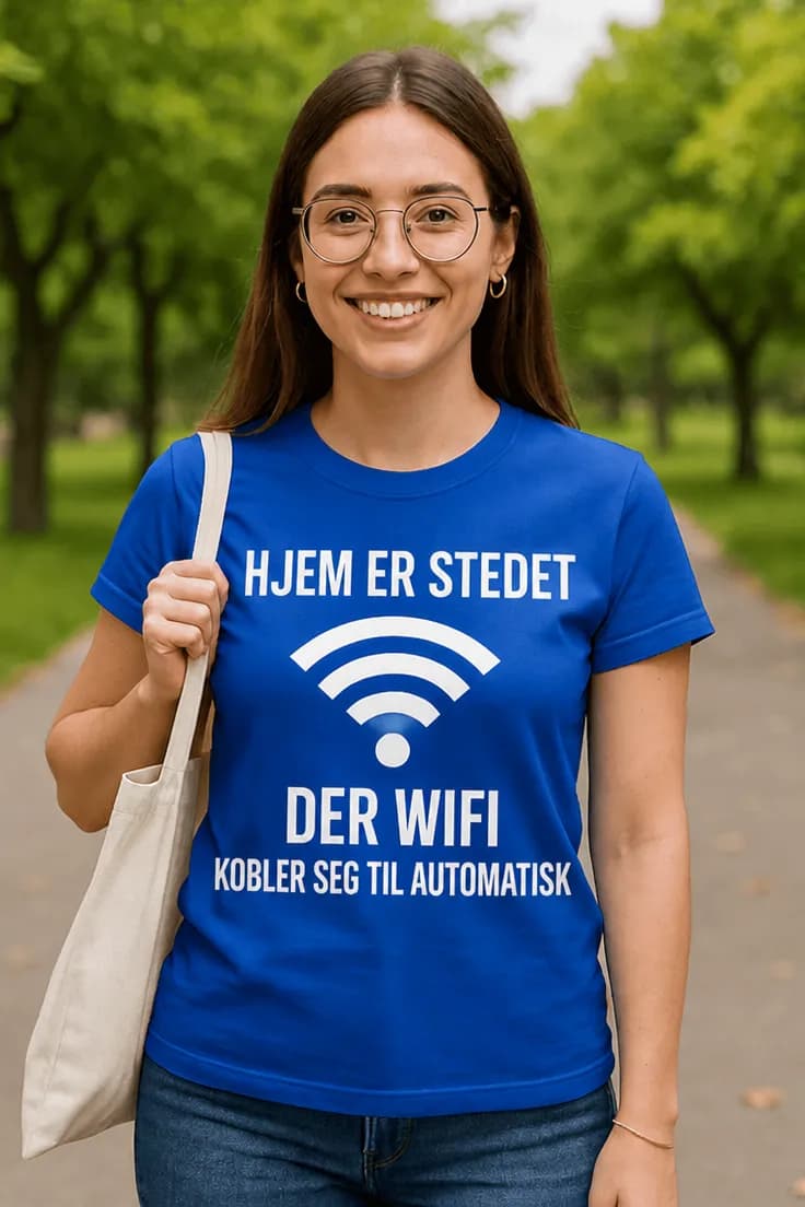 Morsom t-skjorte Hjem er der wifi kobles