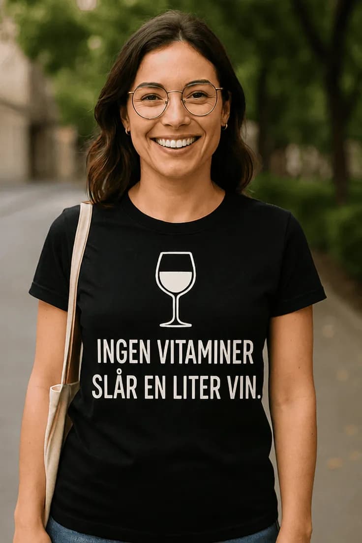 Morsom t-skjorte Ingen vitaminer slår vin