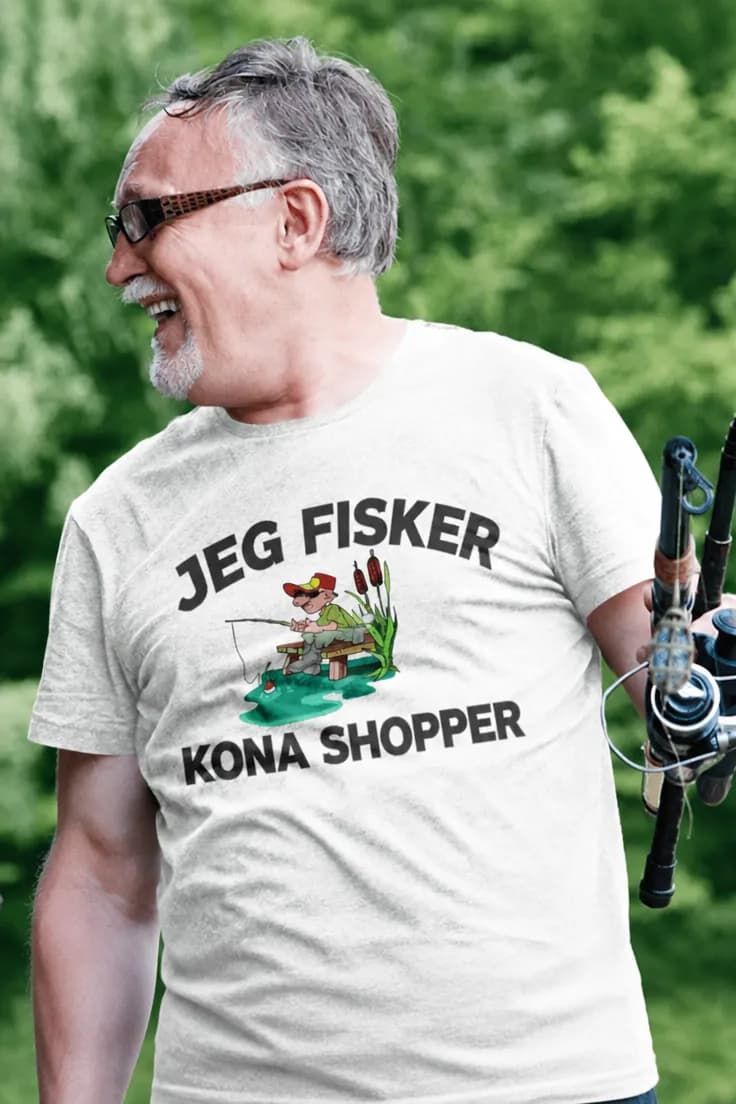 Morsom t-skjorte Jeg fisker kona shopper