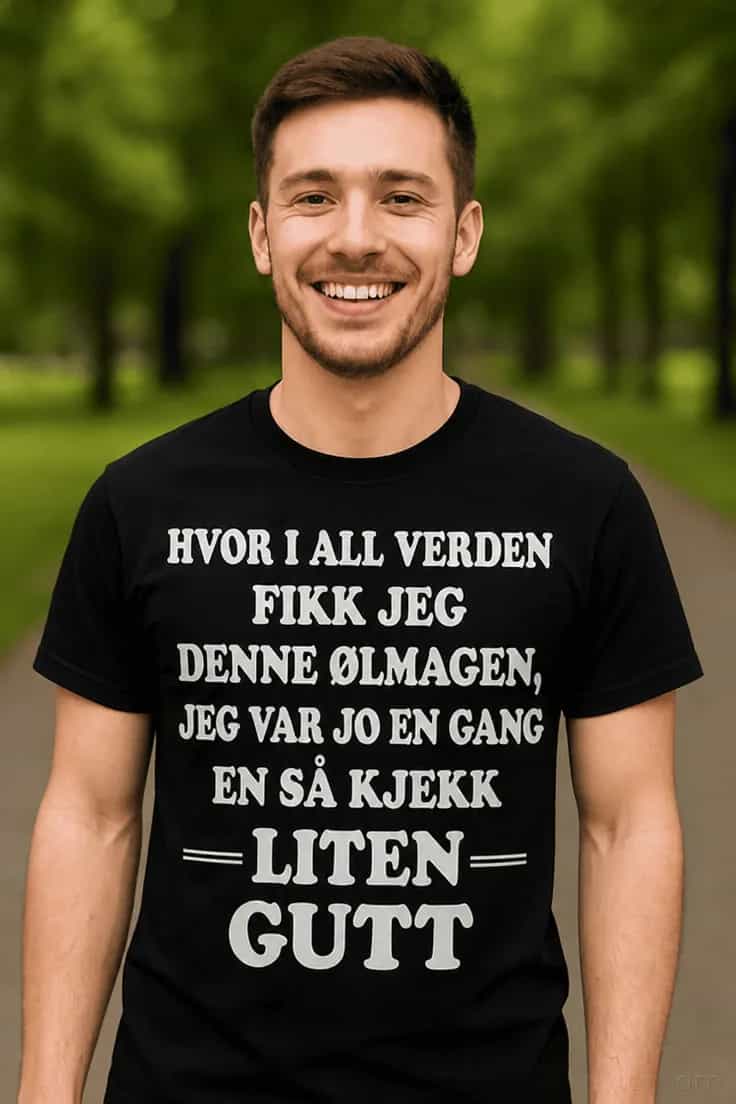 Morsom t-skjorte Ølmage og kjekk gutt – HVOR I ALL