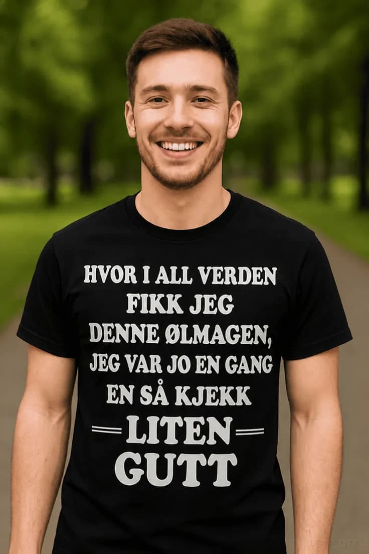 Morsom t-skjorte Ølmage og kjekk gutt – HVOR I ALL