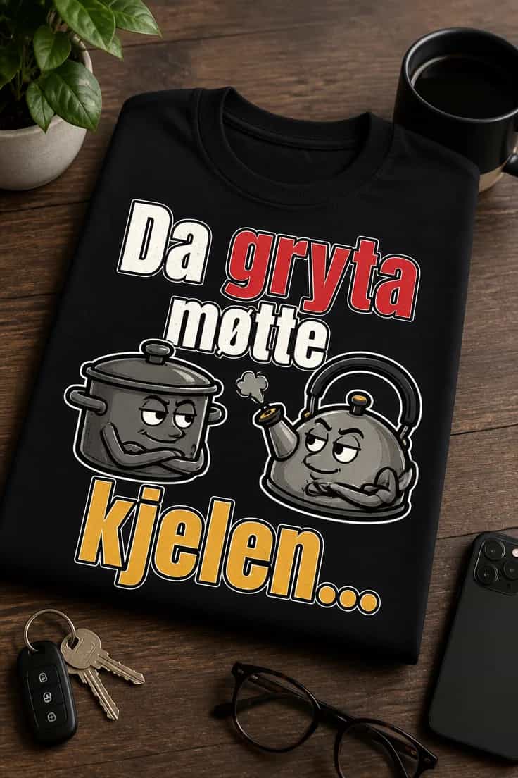 Morsom t-skjorte med tekst: Da gryta møtte kjelen...