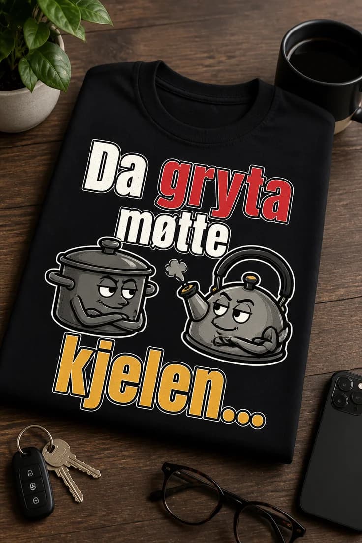 Morsom t-skjorte med tekst: Da gryta møtte kjelen...