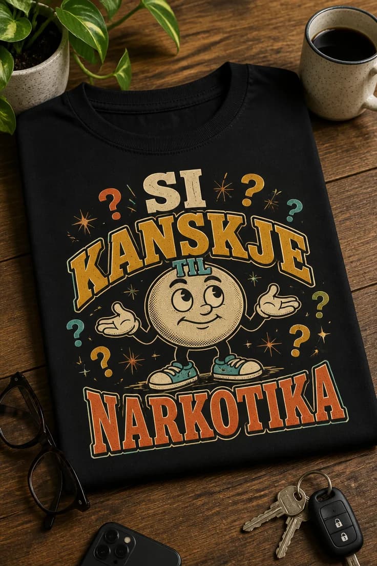 Morsom T-skjorte med tekst – SI KANSKJE TIL NARKOTIKA