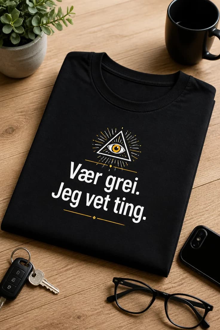 Morsom T-skjorte med teksten: Vær grei. Jeg vet ting.