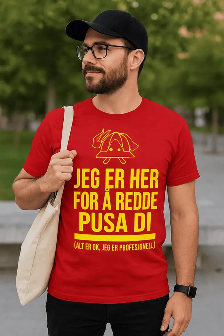 Morsom t-skjorte redder pusa – JEG ER HER