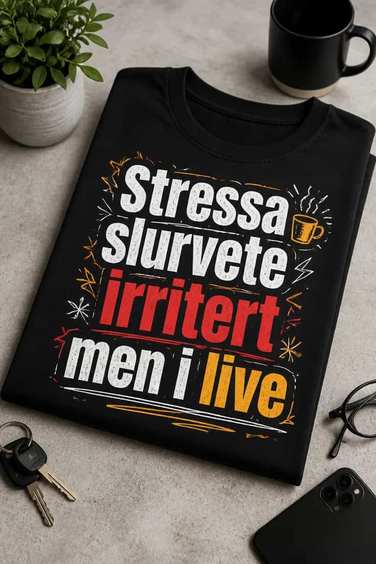 Morsom t-skjorte med «Stressa slurvete irritert men i live»