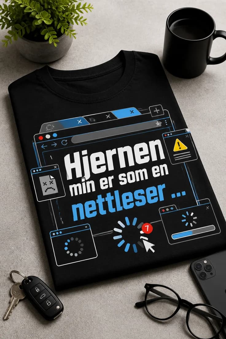 T-skjorte med teksten Hjernen min er som en nettleser ...