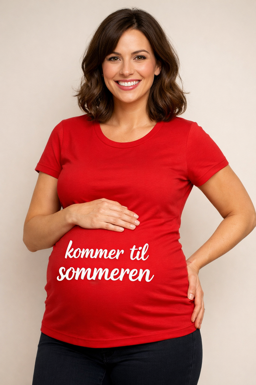 Gravid-t-skjorte «Kommer til sommeren» (rød)