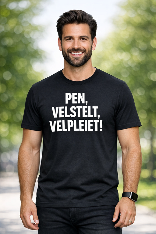 T-skjorte med teksten PEN, VELSTELT, VELPLEIET!