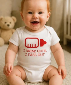 Baby-body Jeg drikker til jeg sovner med humoristisk design og teksten I DRINK UNTIL I PASS OUT