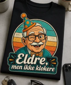 T-skjorte med vennlig bestefaransikt, retro bursdagsstriper og teksten Eldre, men ikke klokere