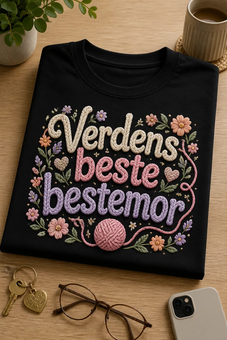 T-skjorte med teksten Verdens beste bestemor i store strikkede bokstaver, med garnnøste og små blomster i varme pastellfarger.