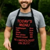 Forkle Dagens meny med humoristisk grillmotiv og teksten TODAY'S MENU hamburger ribs steak dict advice free free free NO calorie count NO NO CARDIOLOGIST ON DUTY!