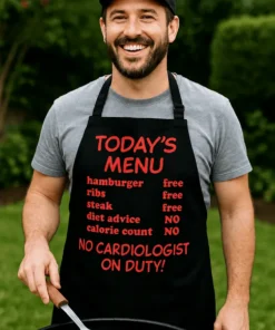 Forkle Dagens meny med humoristisk grillmotiv og teksten TODAY'S MENU hamburger ribs steak dict advice free free free NO calorie count NO NO CARDIOLOGIST ON DUTY!