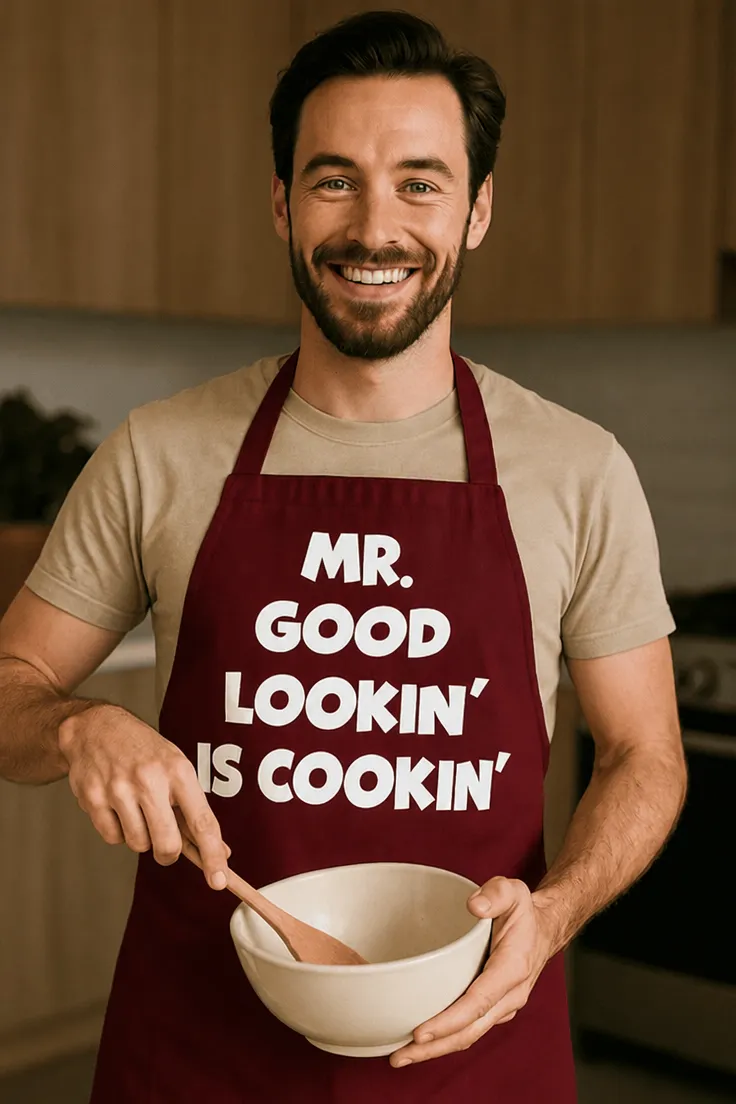 Forkle Kjekkasen lager mat med trykket MR. GOOD LOOKIN' NS COOKIN' på gaveplagg