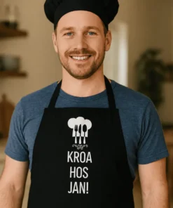 Forkle kroa med navn med trykket KROA HOS JAN! på morsomt gaveforkle