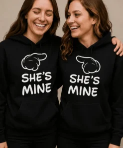 Genser For kjærestepar med trykket Q SHE'S MINE SHE'S MINE på morsomt gavemotiv