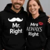 Genser Mr right og mrs always right med morsomt pardesign og trykket Mr. Mrs ALWAYS Right Right