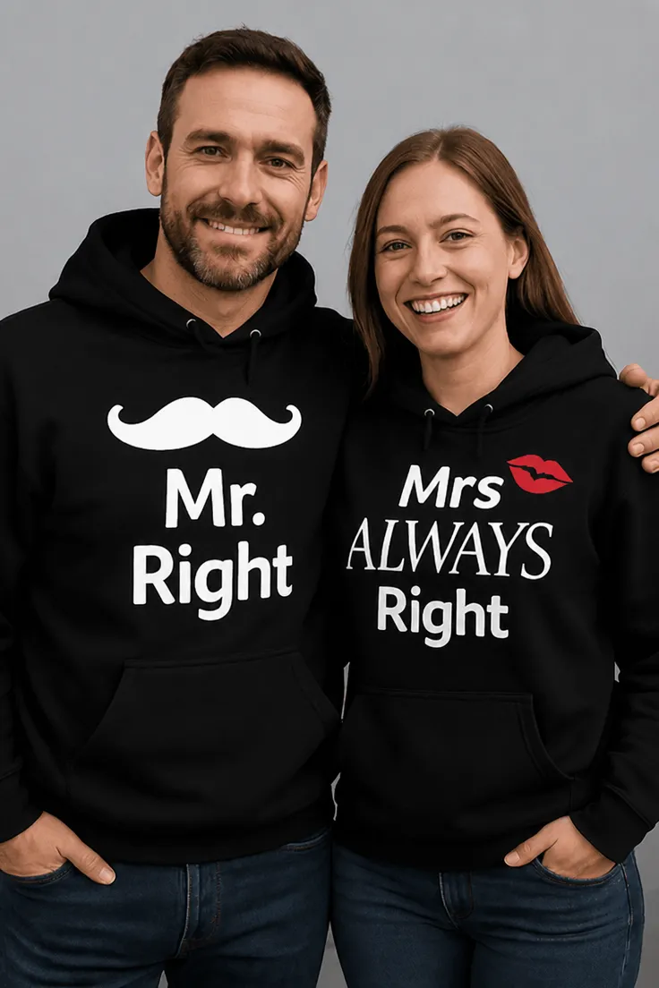 Genser Mr right og mrs always right med morsomt pardesign og trykket Mr. Mrs ALWAYS Right Right