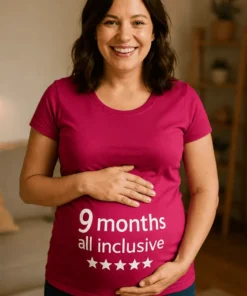 Gravid t-skjorte med teksten 9 months all inclusive som morsom gave til gravid