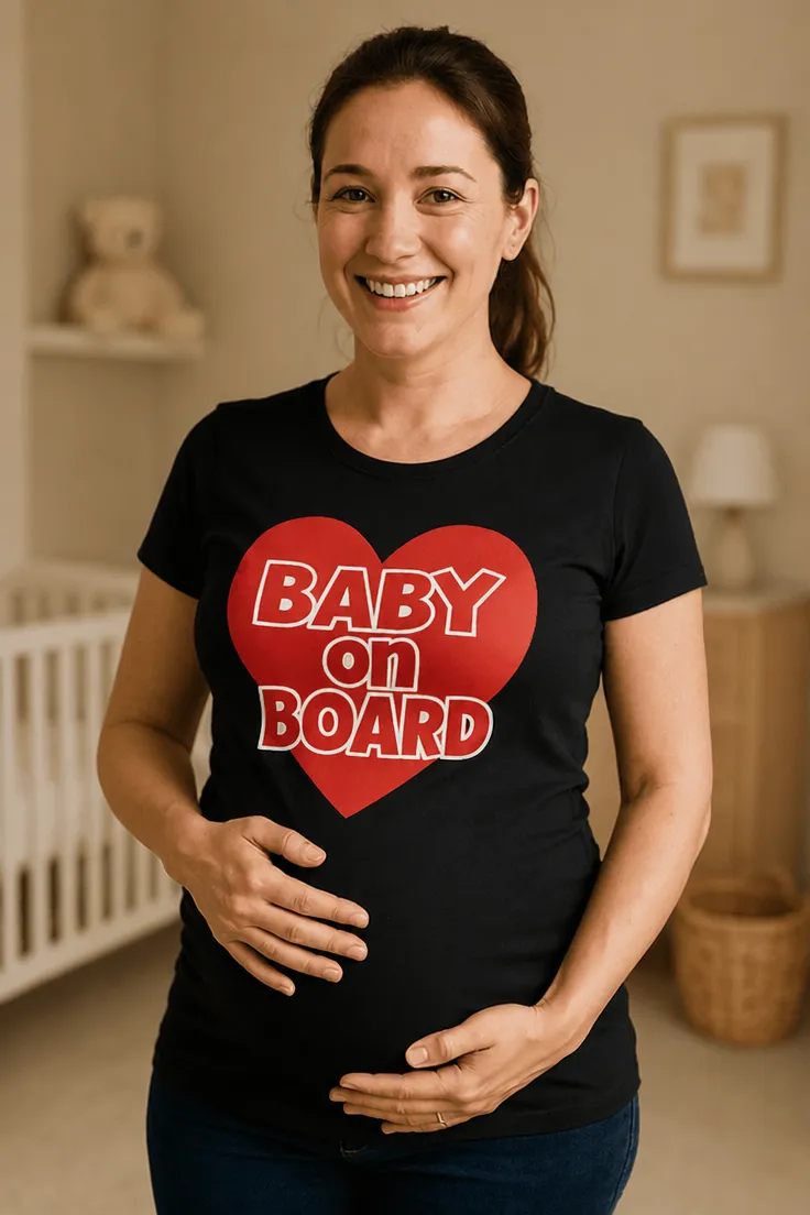 Gravid t-skjorte Baby on board hjerte med teksten BABY on BOARD