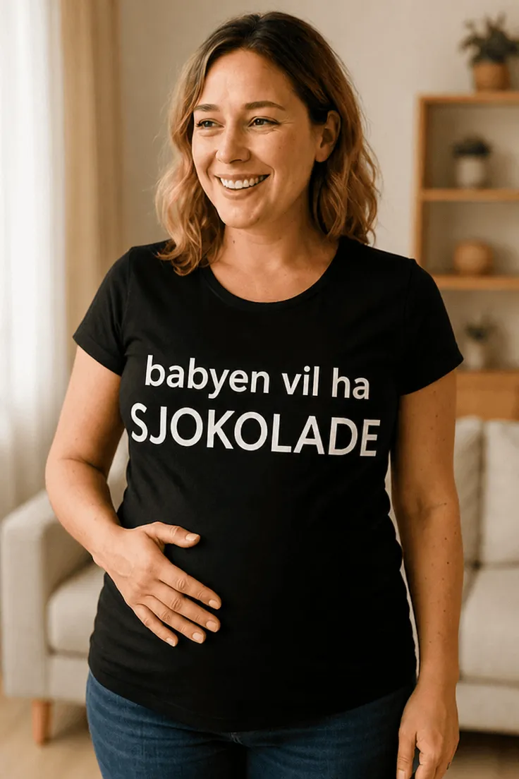 Gravid t-skjorte med teksten babyen vil ha SJOKOLADE