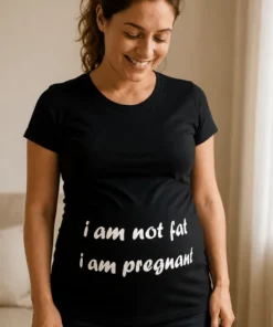 Gravid t-skjorte Ikke feit bare gravid med teksten i am not fat i am pregnant