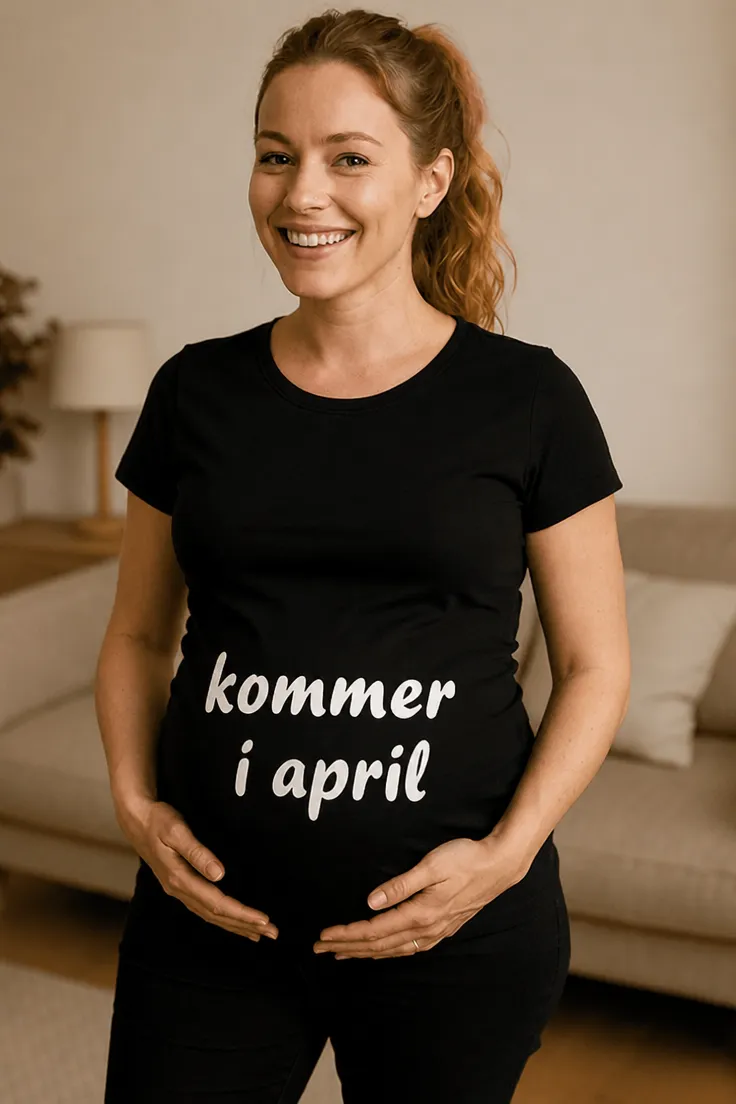 Gravid t-skjorte Kommer i april som gave til babyshower eller bursdag