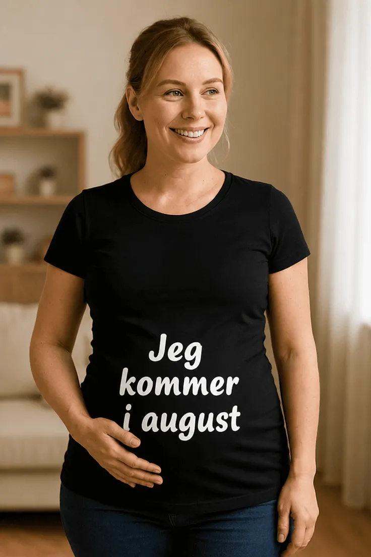 Gravid t-skjorte Kommer i august som gave til babyshower eller bursdag