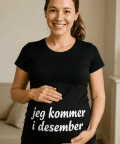 Gravid t-skjorte Kommer i desember med teksten jeg kommer i desember