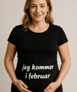Gravid t-skjorte Kommer i februar som gave til babyshower eller bursdag
