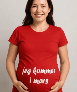 Gravid t-skjorte Kommer i mars som gave til babyshower eller bursdag