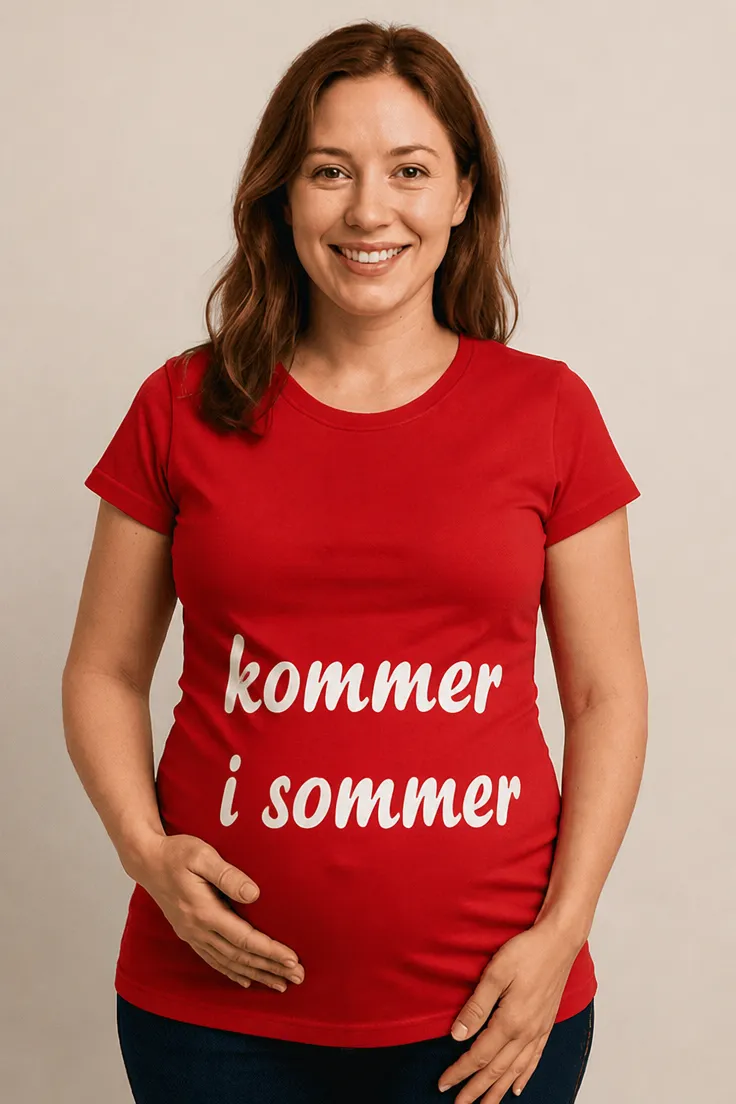 Gravid t-skjorte Kommer i sommer med teksten kommer i sommer
