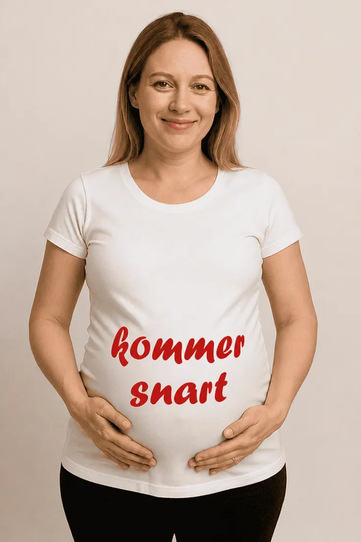 Gravid t-skjorte med teksten kommer snart som morsom gave til gravid