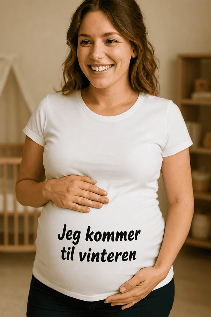 Gravid t-skjorte Kommer til vinteren med teksten Jeg kommer til vinteren