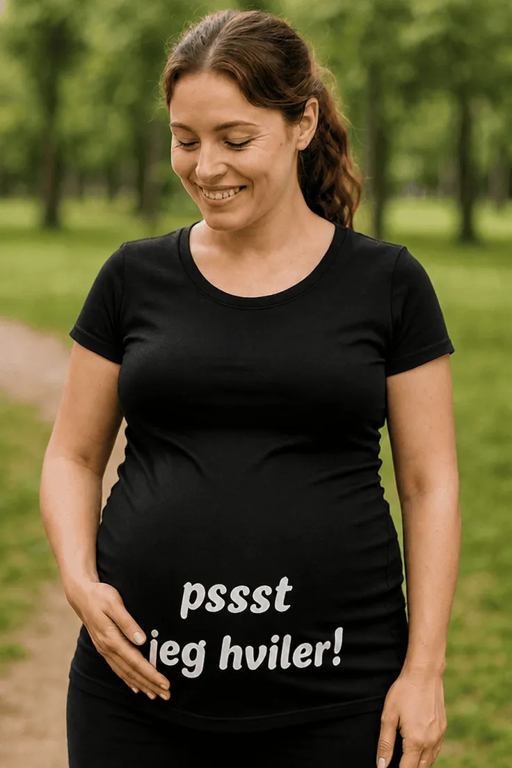 Gravid t-skjorte Pssst jeg hviler med teksten pssst jeg hviler! som morsom gave til kommende mamma