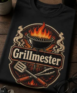 Vintage BBQ T-skjorte med Grillmester-tekst, flammer, grill og kryssede redskaper i rødt, oransje og krem