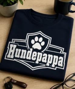Svarthvit hundepappa t-skjorte med skjold og poteikon i sporty varsity-stil