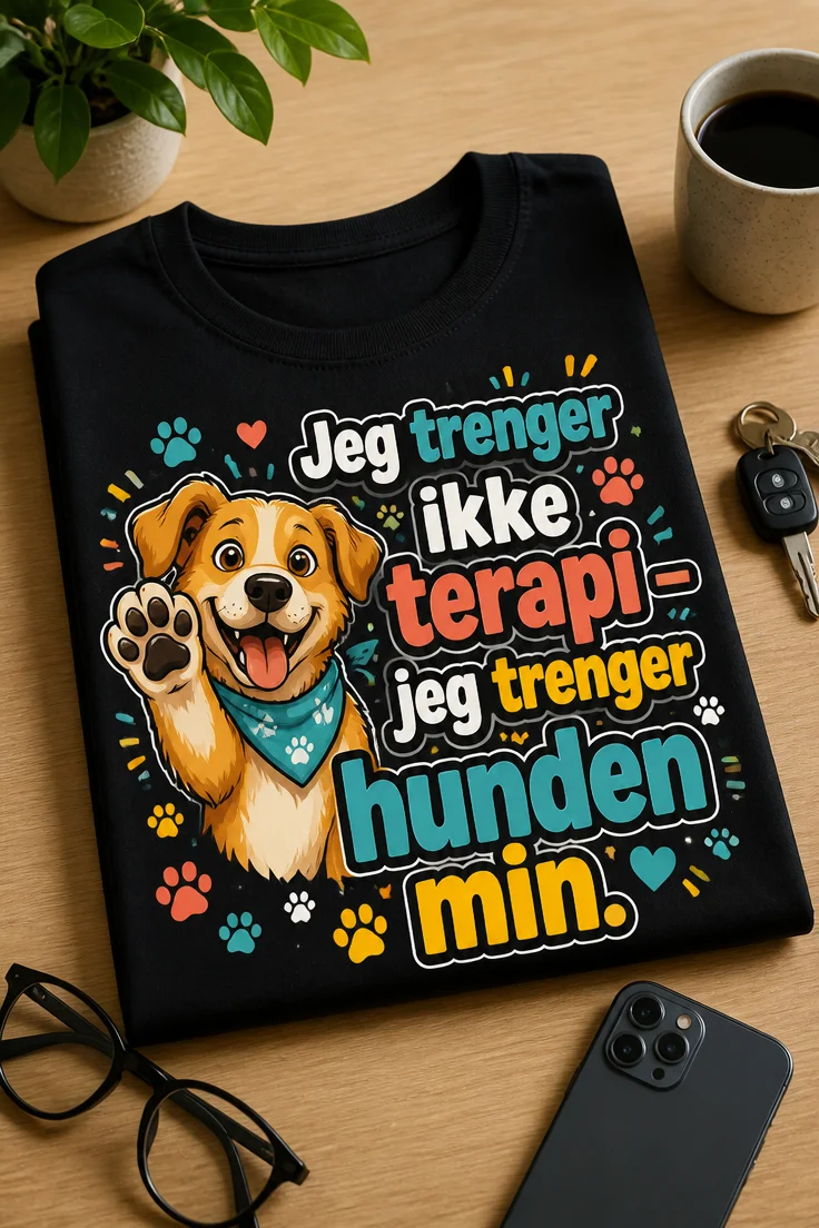 T-skjorte med teksten «Jeg trenger ikke terapi – jeg trenger hunden min.» og en glad, tegneserieaktig hund med løftet pote og små poteavtrykk.