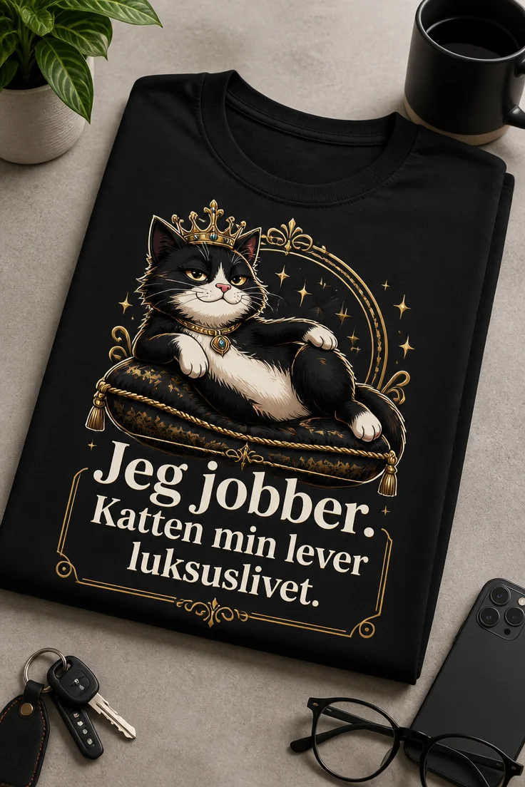 Sarcastic luxury T-shirt med smug katt i krone på pute og teksten Jeg jobber. Katten min lever luksuslivet.
