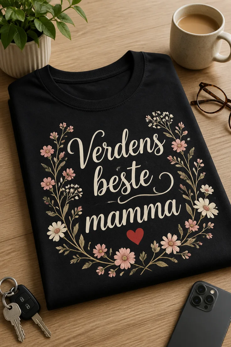 T-skjorte med teksten «Verdens beste mamma» omgitt av delikate markblomster og et lite rødt hjerte på mørk bakgrunn